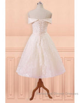 Champagne Lace Off Shoulder Tea Length Wedding Dress With Sash